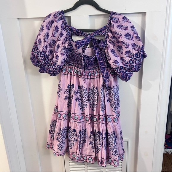 CELINA MOON Gardenia block print puff sleeve Geometric Pink and Purple Dress - Picture 3 of 5
